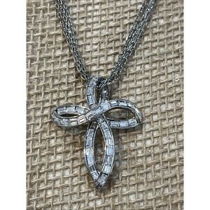 Nolan Miller Signed Silver Tone 3 Strand Chain Necklace Rhinestone Crystal Cross